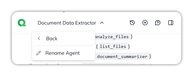 The agent name menu open, with Back and Rename Agent