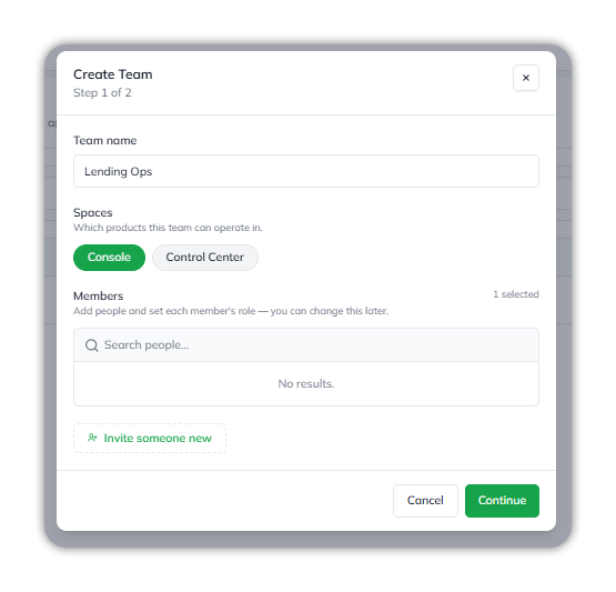 Create Team step 1 of 2, with the Team name field set to Lending Ops, Console and Control Center buttons for Spaces with Console selected, a Members search showing 1 selected, and an Invite someone new link