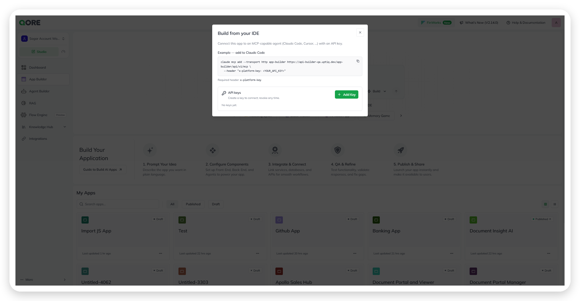 The Build from your IDE dialog, with API keys and the MCP server connection command