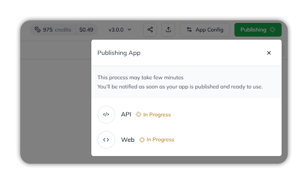 The Publishing App dialog, with API and Web In Progress, and the Publish button reading Publishing