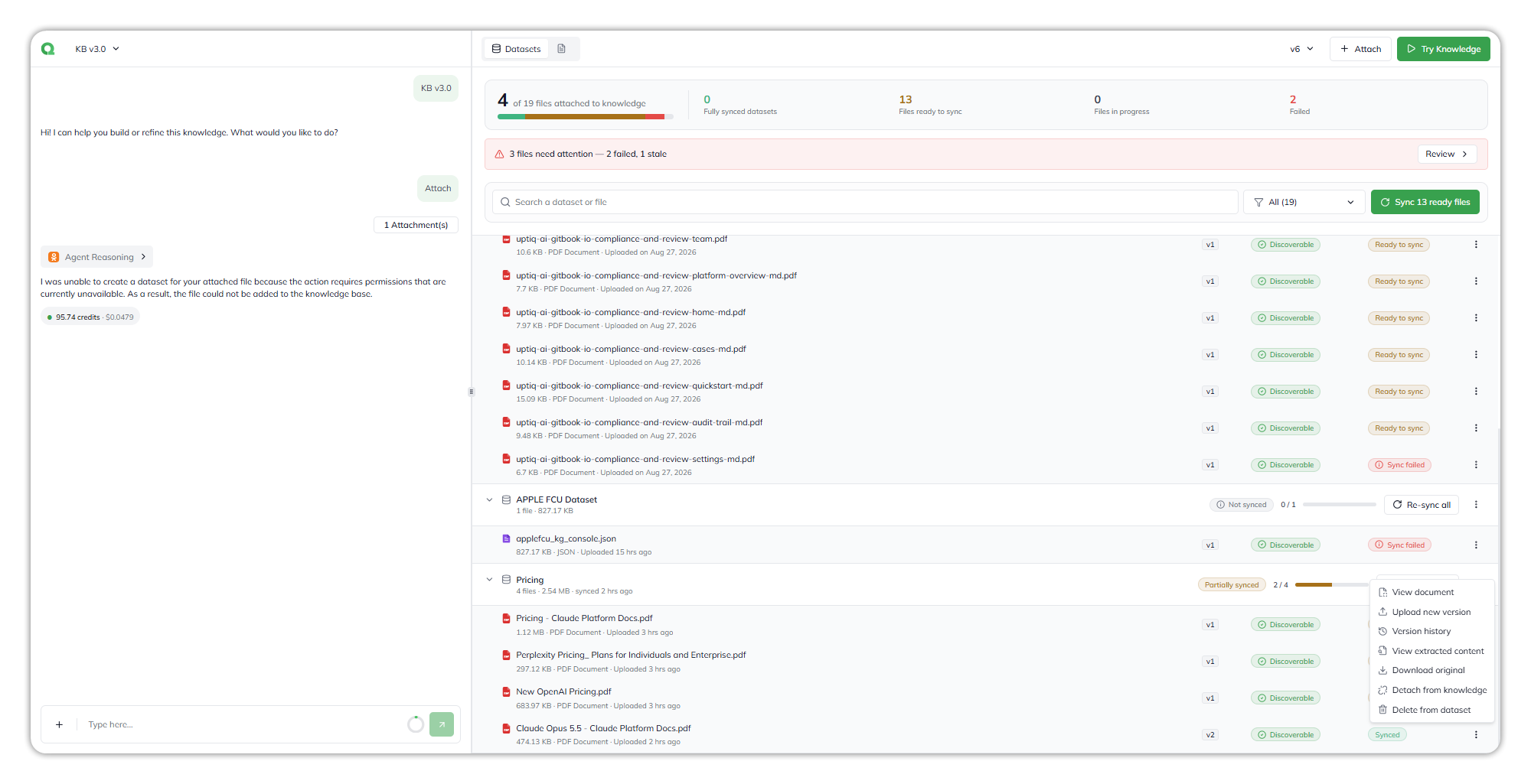 The file ⋮ menu open on a Datasets tab row: View document, Upload new version, Version history, View extracted content, Download original, Detach from knowledge and Delete from dataset